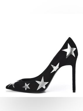 Saint Laurent Anja Black Star-Accent Suede Pointed Toe Stiletto Pump - 40